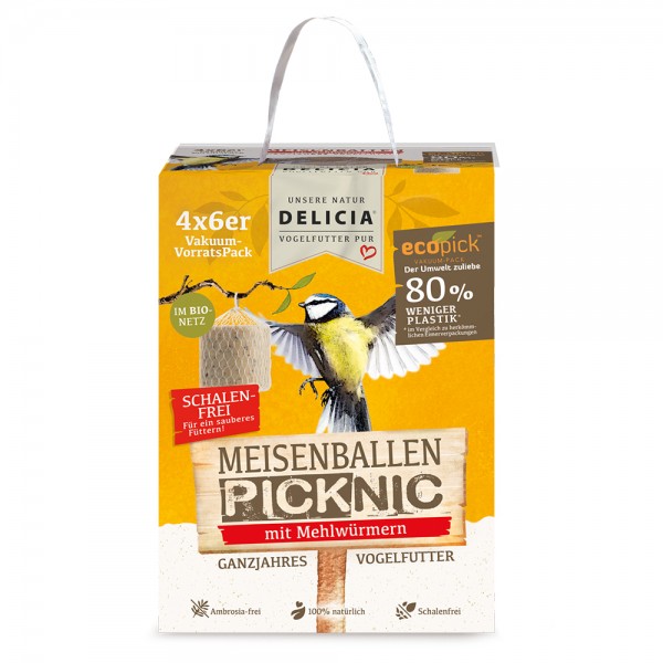 DELICIA ® Meisenballen Picknic mit Mehlwürmern mit Bio-Netz 4 x 6 Stück