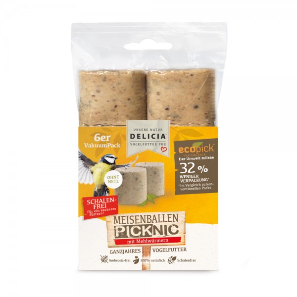 DELICIA ® Meisenballen Picknic mit Mehlwürmern ohne Netz 6 Stück