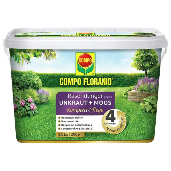COMPO FLORANID® Rasendünger gegen Unkraut + Moos Komplettpflege 6 kg / 200 m² Eimer