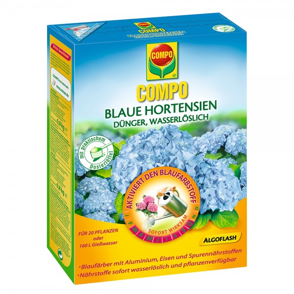 COMPO Blaue Hortensien Dünger 800 g für 20 Pflanzen oder 160 Liter Gießwasser