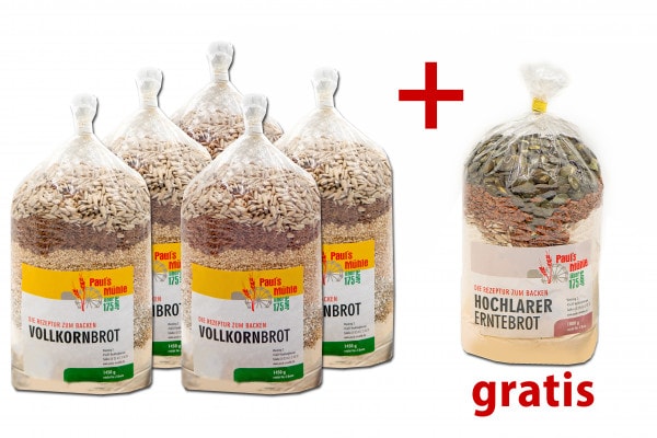 HERBSTAKTION: 5x Vollkornbrotmischung 1450 g + 1x Hochlarer Erntebrot 1000 g dazu