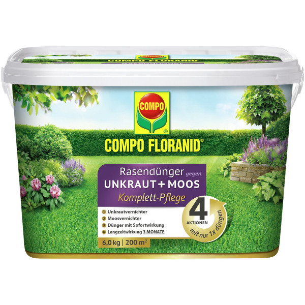 COMPO Rasendünger gegen Unkraut + Moos Komplettpflege 6 kg / 200 m² Eimer