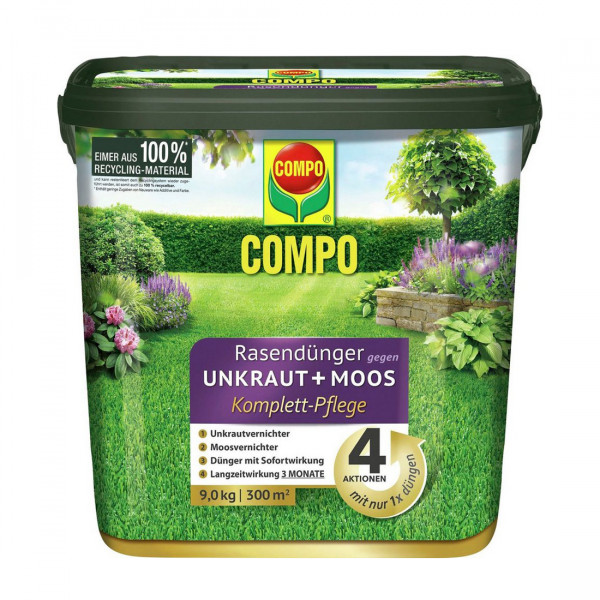 COMPO Rasendünger gegen Unkraut + Moos Komplettpflege 9 kg / 300 m² Eimer