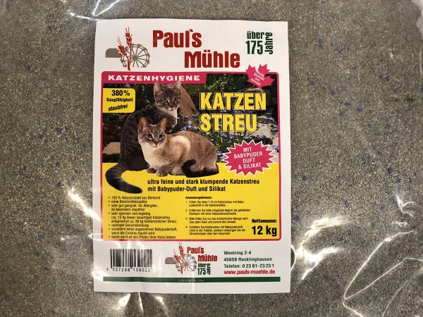 Pauls Mühle Ultra feine und stark klumpende Katzenstreu mit Babypuder-Duft 2 x 12 kg (= 24 kg)