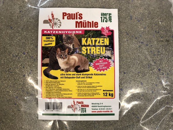 Pauls Mühle Ultra feine und stark klumpende Katzenstreu mit Babypuder-Duft 4 x 12 kg