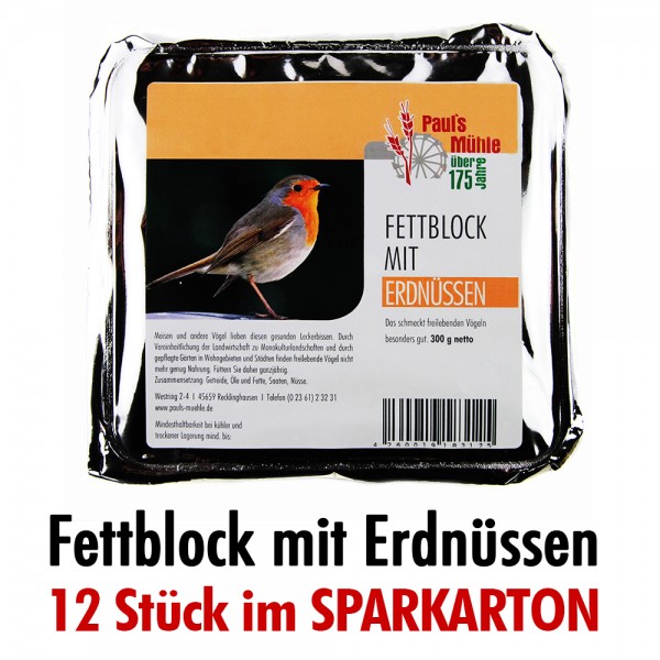 Pauls Mühle Fettblock mit Erdnüssen (Vogelbuffet) 12 x 300 g