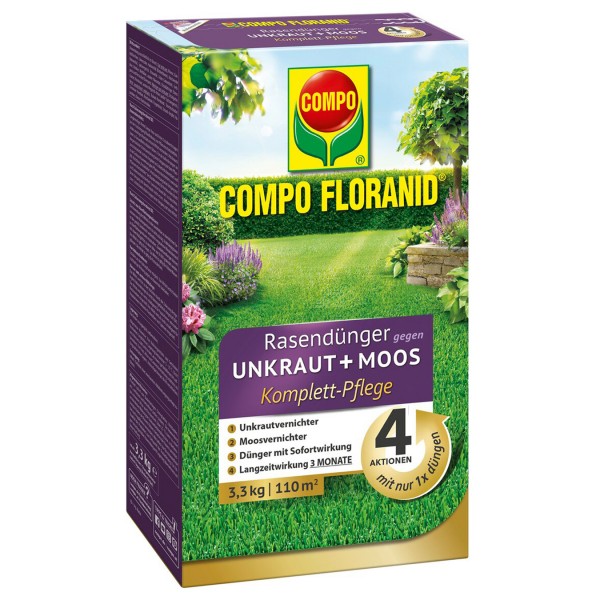 COMPO FLORANID® Rasendünger gegen Unkraut + Moos Komplettpflege 3,3 kg / 110 m² Schachtel